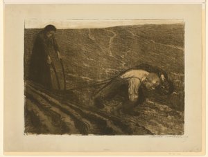 Ekehúzó és asszony („Parasztháború” 1. lapjához készült elvetett munka, 2. állapot) alkotó: Käthe Kollwitz