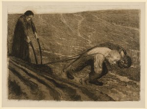 Ekehúzó és asszony (Elvetett változat a „Parasztháború” 1. lapjához, 2. állapot) alkotó: Käthe Kollwitz