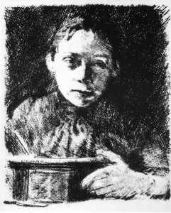 Önarckép a rajztáblán alkotó: Käthe Kollwitz