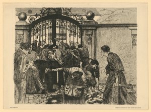 Vihar [A park kapujánál] („Takácsfelkelés”, 5. lap, 2. állapot) alkotó: Käthe Kollwitz