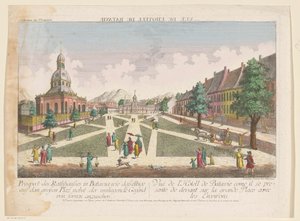 Gezicht op het stadhuis en de Nieuwe Hollandse Kerk te Batavia A bataviai városháza kilátása hasonló a nagy téren és Fornen környékén (cím az objektumon) alkotó: Kaiserlich Franziskische Akademie