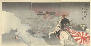 A szövetséges erők megtámadják Pekinget; a japán csapatok Chaoyang kapuja előtt. Rengogun Pekin Hogebi Nichi pisztoly Ehoyomon senryo no zu (cím a tárgyon)