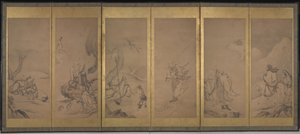 Buddhista, taoista és konfuciánus pátriárkák (tinta és aranylevél papíron)