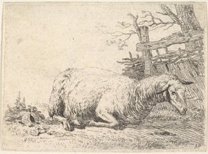 Egy fakerítés mellett a teste alatt összekulcsolt lábakkal fekvő bárány, a she..., kb. 1655.