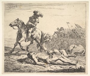 Csatatér lovassal, aki a bal válla fölött a horgonyon levetett holttest felé néz..., 1652. alkotó: Karel Du Jardin