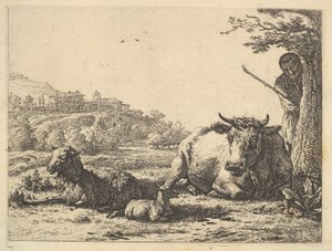 Tehén, felnőtt birka és fiatal juhok hevernek a fűben, mögötte részben pásztor áll..., 1656. alkotó: Karel Du Jardin
