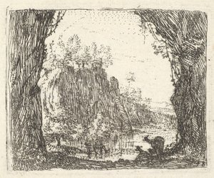 Fákkal szegélyezett táj bal és jobb előtérben, két goa sziluettje..., kb. 1641-78. alkotó: Karel Du Jardin