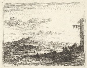 Táj épületsarokkal és napellenzővel jobbra, két figurával és egy lóval..., kb. 1641-78. alkotó: Karel Du Jardin