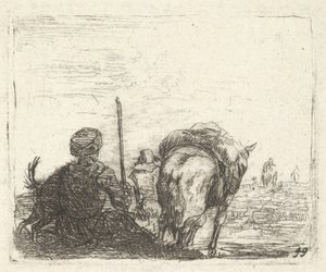 Teherhordó ló, ülő férfi bottal a jobb kezében, és kutya, hátulról nézve..., kb. 1641-78. alkotó: Karel Du Jardin