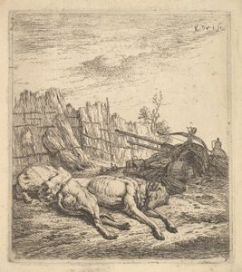 Két földön alvó kutya, egy eke, mezőgazdasági felszerelések, szalmacsokrok, és egy ..., kb. 1641-78. alkotó: Karel Du Jardin