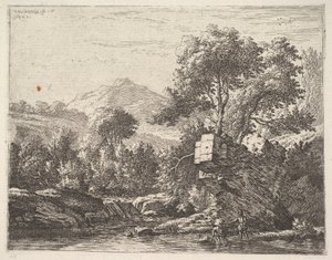 Két férfi áll bokáig egy vízben, mögöttük egy sziklás kiemelkedés, a le..., 1658. alkotó: Karel Du Jardin