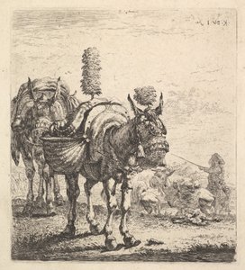 Két öszvér táskával, szemellenzőkkel, tollakkal és bojtokkal felszerelve, egy mu..., kb. 1641-78.