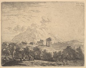Kilátás a domboldalra romokkal, vízvezetékkel és hegyi sziklával, az előtérben egy m..., 1658. alkotó: Karel Du Jardin