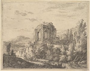 Két boltíves ablakos épület sarkát mutató romkép, tájképben..., 1658. alkotó: Karel Du Jardin