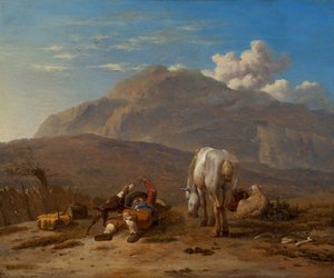 Itáliai táj kutyájával játszó fiatal pásztorral alkotó: Karel Dujardin