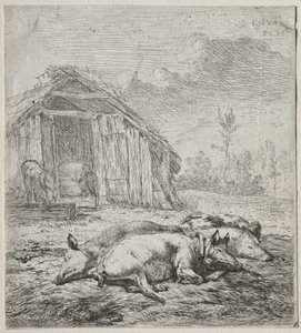 Három sertés feküdt egy büfé előtt alkotó: Karel Dujardin