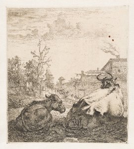 Fekvő tehén borjúval Állatok (sorozat címe) alkotó: Karel du Jardin (signed by artist)