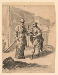 Rajz, Kenyeret bemutató alak egy tábornoknak, 1650 körül.