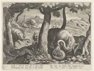 Olifant a harcban találkozott a szlenggel Jachttaferelen (sorozat címe) Vadra, tyúkra és halra vadászat a Bestiáriumban (sorozat címe) alkotó: Karel van Mallery (attributed to)