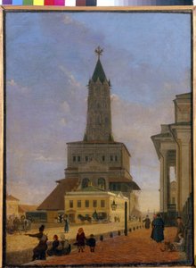 A Szuharev-torony Moszkvában. 1695-ben épült, Tchoglokov építész és 1934-ben bontották le, a kertek körgyűrűje és a Stretenka utca sarkán található. Karl Petrovich Bodri (1812-1894) festménye, olaj, vászon alkotó: Karl-Fridrikh Petrovich Bodri