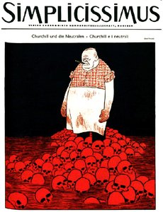 A Simplicissimus német magazin címlapja (kb. ) Churchillt, valamint egy véres és koponyás folyót ábrázol. 1940 körül (litográfia).