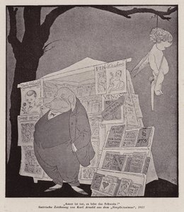 Ámor lóg egy fáról egy pornográfiát árusító utcai kioszk fölött (litho)