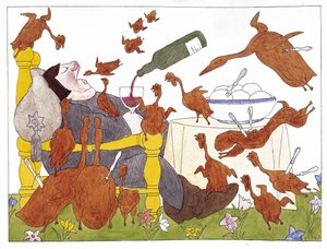 Illusztráció Hans Sachs (1494-1576) "Schlaraffenland" című művéből (toll és tinta, akvarell, papír)