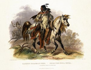 Feketelábú indián lóháton, 19. tábla a „Travels in the Interior of North America” 1. kötetéből, Leopold Beyer (1784-1870 körül) metszete, 1843 (akvatinta) alkotó: Karl Bodmer