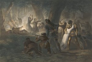 Daniel Boone és Richard Callaway lányainak szabadulása, pub. 1852 (színes metszet) alkotó: Karl Bodmer