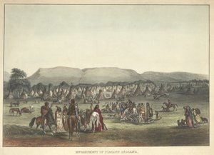 Piekann indiánok tábora, kocsma. 1842 alkotó: Karl Bodmer
