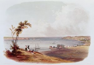 Bejárat a New York-i öbölbe, Staten Islanden, Salathe metszete (színes litó) alkotó: Karl Bodmer