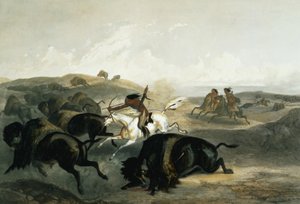 A bölényre vadászó indiánok, „Utazások Észak-Amerika belsejében” című könyv 2. kötetének 31. táblája, Carl Vogel (1816-51) metszete, 1844 (akvatinta)