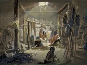 Egy mandán főnök kunyhójának belseje, 19. tábla az Utazások Észak-Amerika belsejében című 2. kötetből, Narcisse Desmadryl metszetével, 1844-es 103848 színes aquatinta részlet alkotó: Karl Bodmer