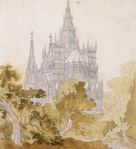 Egy gótikus katedrális Bauman közelében; Gótikus katedrális a fák mögött, 1814-15 alkotó: Karl Friedrich Schinkel