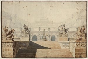 Armida. Christoph Willibald Gluck operája. Terv az 1. díszlethez. Palota lépcsőegyüttessel alkotó: Karl Friedrich Schinkel