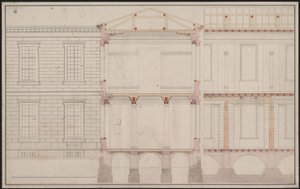 Berlin. Az Unter den Linden Akadémia épülete. A homlokzat részletrajza, részleges hosszmetszet-részlet és keresztmetszet alkotó: Karl Friedrich Schinkel