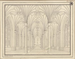 Berlin, Spittelmarkt. Terv a Szent Gertrúd-templomhoz. Belső nézet, a főhajón át a kórus felé alkotó: Karl Friedrich Schinkel