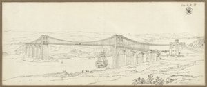 Kilátás a Bangor melletti, walesi Menai-szoros feletti függőhídra alkotó: Karl Friedrich Schinkel