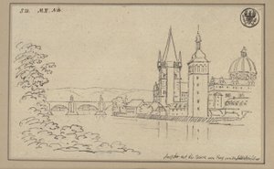 Látkép a prágai Károly hídról az óvárosi hídtornnyal és a keresztesek templomának kupolájával alkotó: Karl Friedrich Schinkel