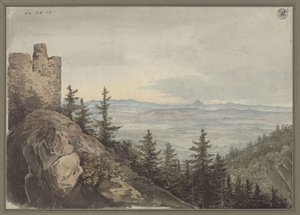 Kilátás a Geiersburg romjaitól Teplitz síkságára a Maria Schein kolostorral, háttérben a Cseh-hegységgel alkotó: Karl Friedrich Schinkel