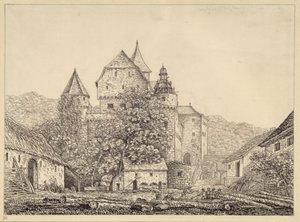 Várszerű épületcsoport hegyvidéki tájban alkotó: Karl Friedrich Schinkel