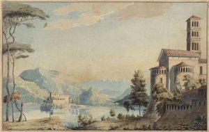 Díszítés általános használatra. Táj tóval és templommal alkotó: Karl Friedrich Schinkel
