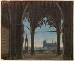Az orléans-i szűz. Friedrich Schiller tragédiája. Terv a 8. díszlethez. Gótikus csarnok Reimsre nyíló kilátással alkotó: Karl Friedrich Schinkel