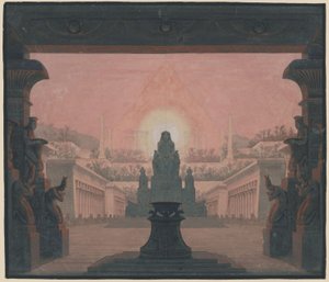 A varázsfuvola. Wolfgang Amadeus Mozart operája. Terv a 12. díszlethez. Sarastro naptemploma alkotó: Karl Friedrich Schinkel
