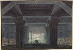 A varázsfuvola. Wolfgang Amadeus Mozart operája. Terv a 3. díszlethez. Csarnok Sarastro várában alkotó: Karl Friedrich Schinkel