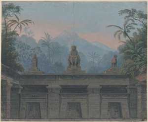A varázsfuvola. Wolfgang Amadeus Mozart operája. Terv a 4. díszlethez. Sarastro templomának előudvara alkotó: Karl Friedrich Schinkel