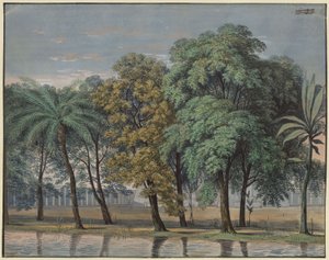 A varázsfuvola. Wolfgang Amadeus Mozart operája. Terv a 6. díszlethez. A Próbák templomának előudvara alkotó: Karl Friedrich Schinkel