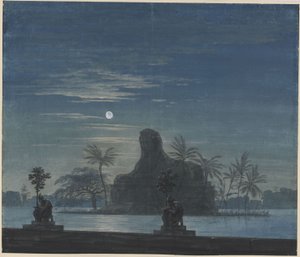 A varázsfuvola. Wolfgang Amadeus Mozart operája. Terv a 7. díszlethez. Sarastro kertje szfinxszel holdfényben alkotó: Karl Friedrich Schinkel