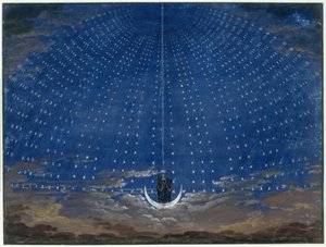 A varázsfuvola. Wolfgang Amadeus Mozart operája. Díszletterv. Az Éj királynőjének csarnoka alkotó: Karl Friedrich Schinkel