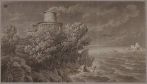 Sziklás tengerpart antikizáló világítótoronnyal, háborgó tengeren alkotó: Karl Friedrich Schinkel